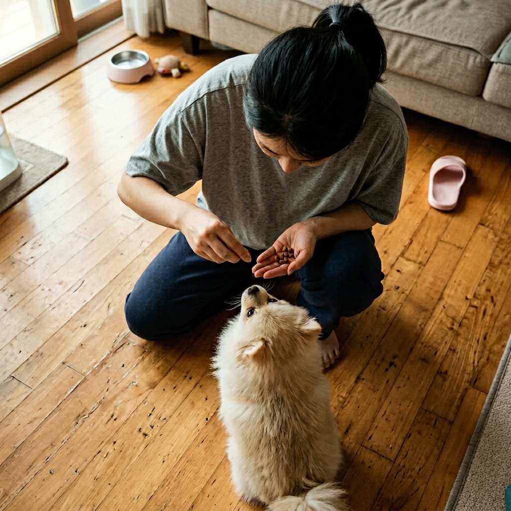 한국인 반려견 훈련사가 간식을 이용해 강아지에게 '앉아'를 가르치는 모습