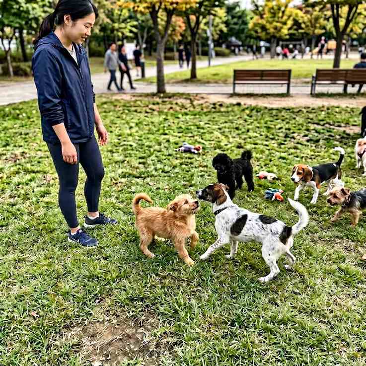 한국의 공원에서 보호자와 함께 다른 강아지들과 교감하는 어린 강아지 모습