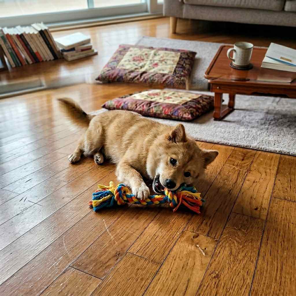 한국 가정집 거실에서 반려견이 장난감을 물고 놀고 있는 모습