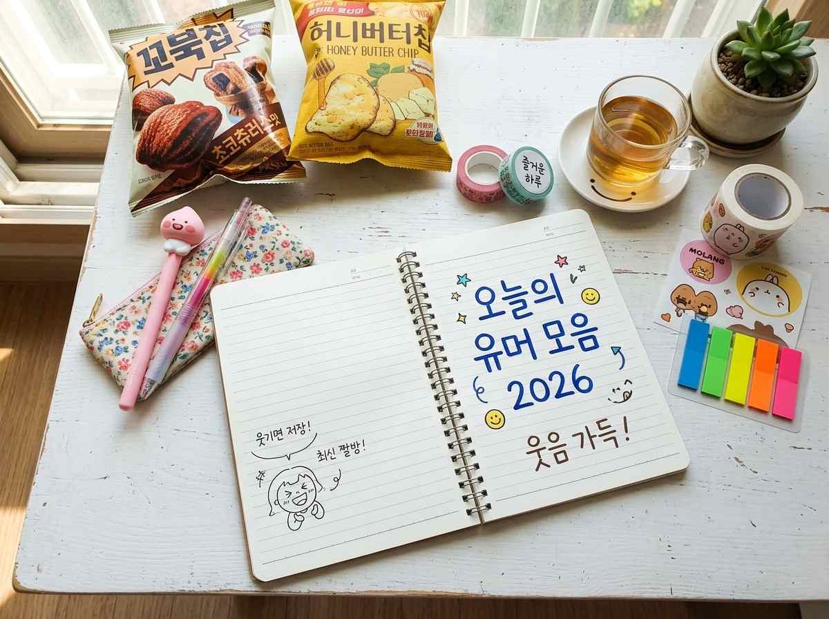 2026년 최신 유머 모음집 표지 이미지, 밝고 경쾌한 디자인에 '오늘의 유머 모음 2026' 문구 포함