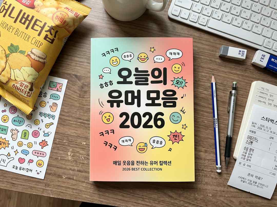 2026년 최신 유머 모음집 표지 이미지, 밝고 경쾌한 디자인에 '오늘의 유머 모음 2026' 문구 포함