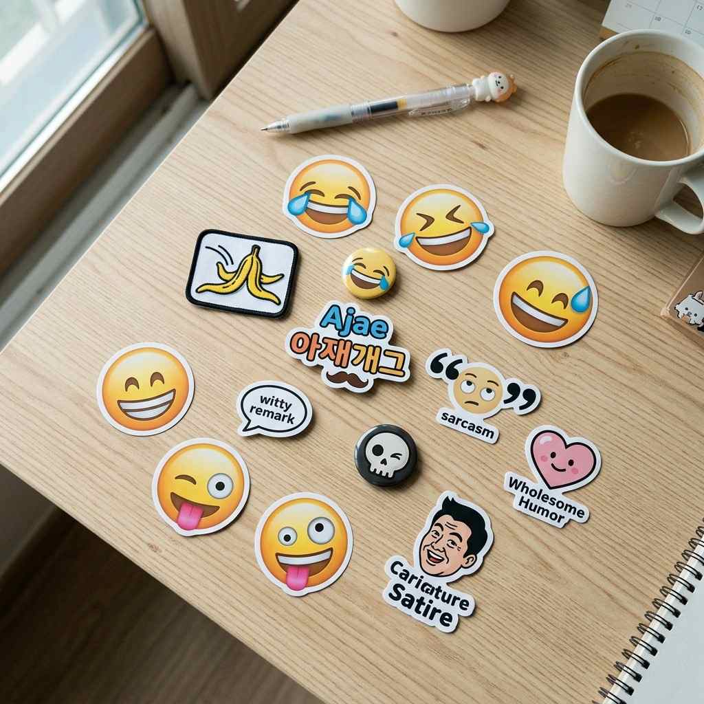 다양한 종류의 유머를 상징하는 이모티콘과 아이콘들이 모여있는 이미지
