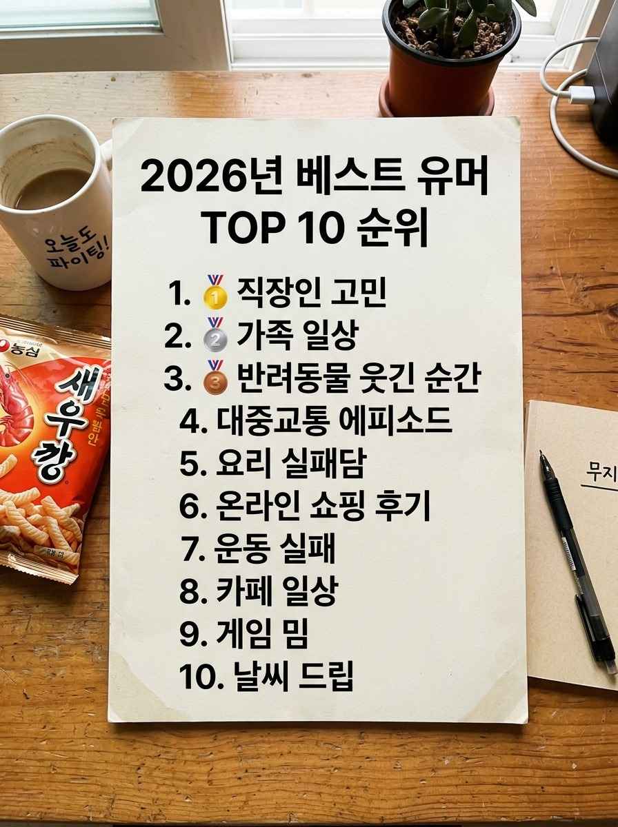 2026년 베스트 유머 TOP 10 순위를 나타내는 차트 이미지, 각 순위별 유머 키워드 포함