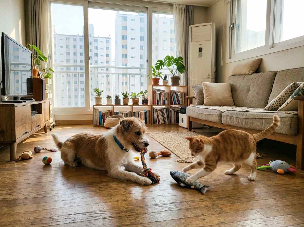 밝고 화창한 한국 가정집 거실에서 반려견과 반려묘가 함께 장난감을 가지고 놀고 있는 모습