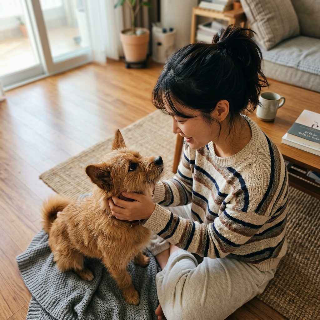 한국인 반려인이 강아지와 눈을 맞추며 부드럽게 쓰다듬어 주는 모습