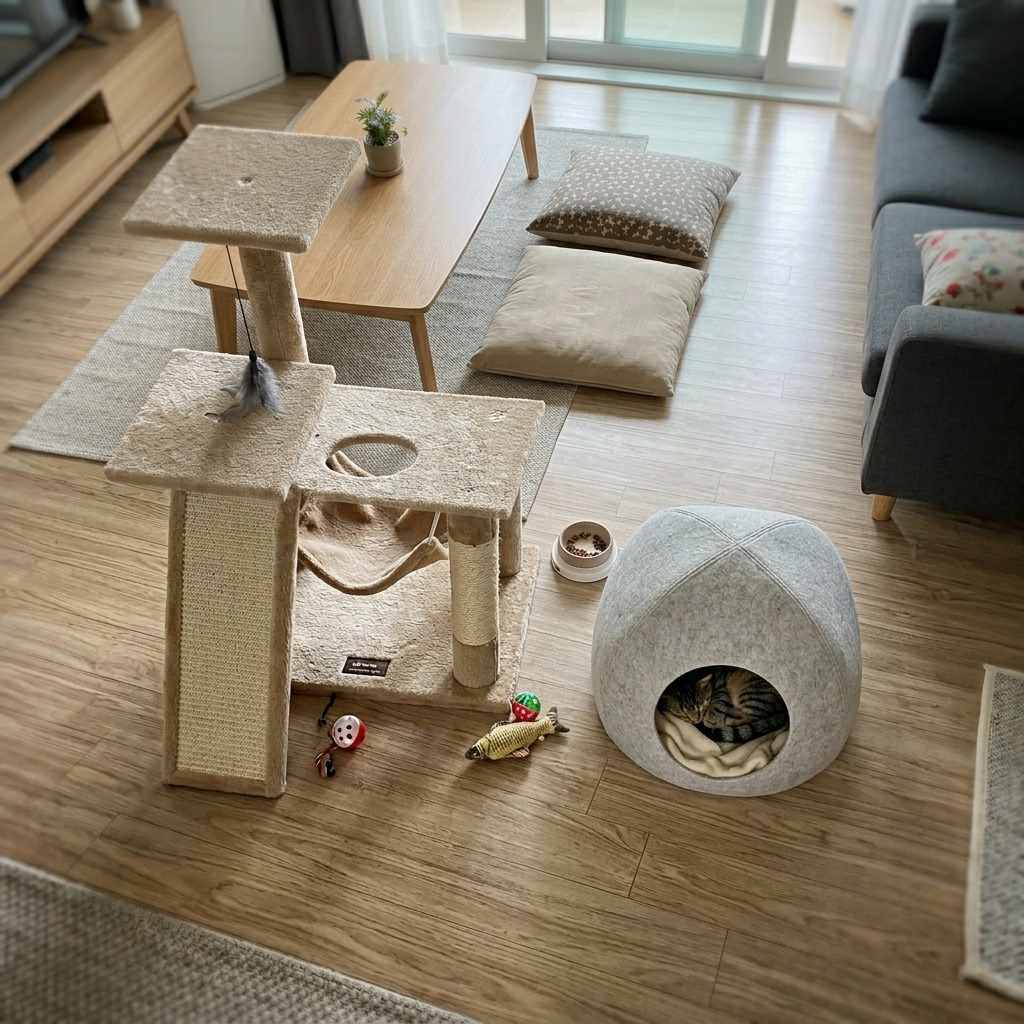 한국 가정집 거실에 놓인 고양이용 캣타워와 숨숨집